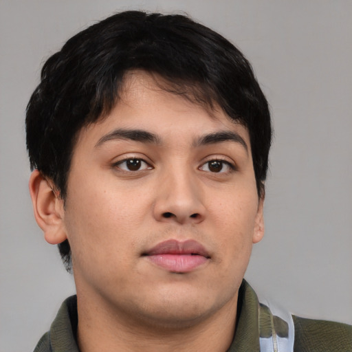 Neutral asian young-adult male with short  brown hair and brown eyes