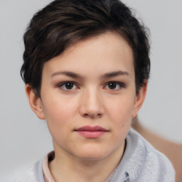 Neutral white young-adult female with short  brown hair and brown eyes