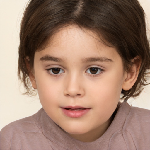 Joyful white child female with medium  brown hair and brown eyes