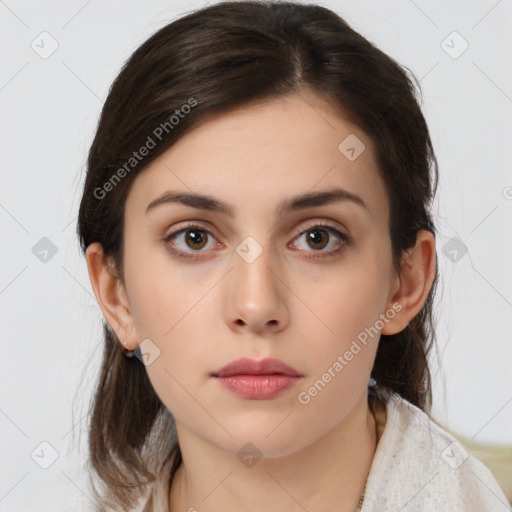 Neutral white young-adult female with medium  brown hair and brown eyes