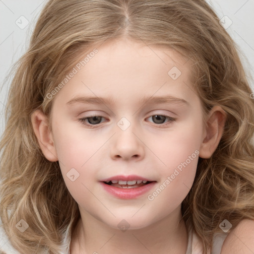 Joyful white child female with medium  brown hair and grey eyes