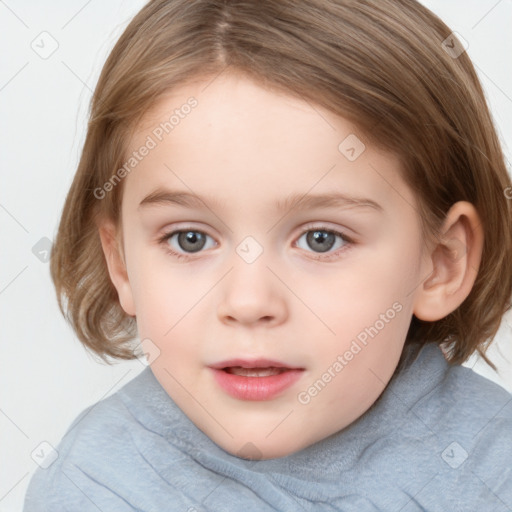 Joyful white child female with medium  brown hair and grey eyes