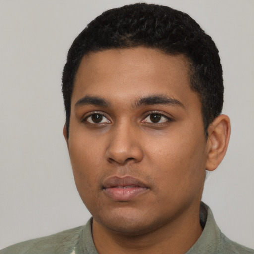 Neutral black young-adult male with short  black hair and brown eyes