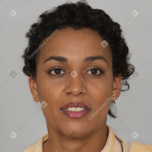 Joyful latino young-adult female with short  brown hair and brown eyes