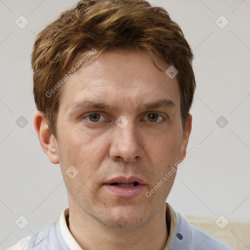 Neutral white adult male with short  brown hair and brown eyes