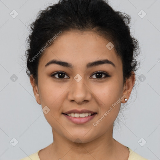 Joyful latino young-adult female with short  brown hair and brown eyes