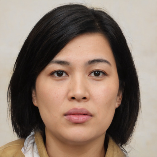 Neutral asian young-adult female with medium  black hair and brown eyes
