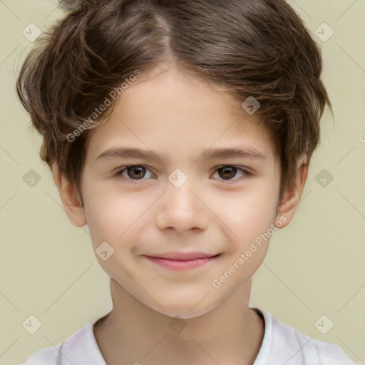 Joyful white child female with short  brown hair and brown eyes