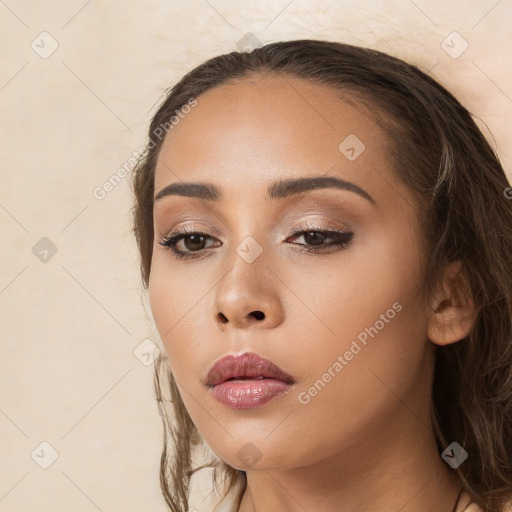 Neutral white young-adult female with long  brown hair and brown eyes