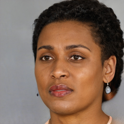 Joyful black young-adult female with short  brown hair and brown eyes