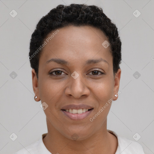 Joyful latino young-adult female with short  black hair and brown eyes