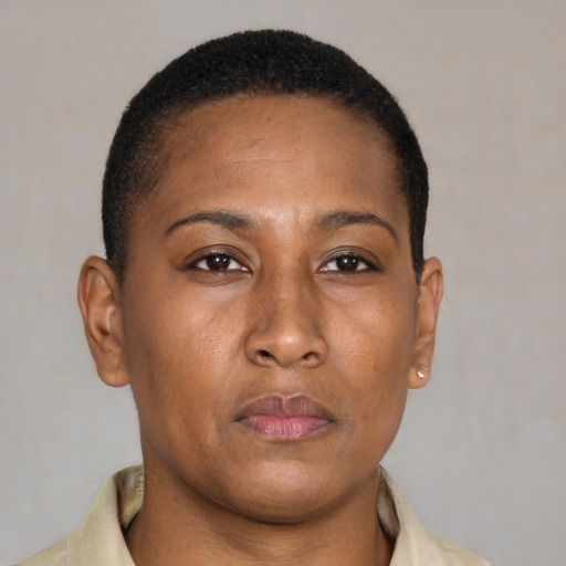 Neutral black young-adult female with short  brown hair and brown eyes