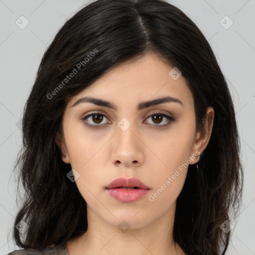 Neutral asian young-adult female with long  brown hair and brown eyes