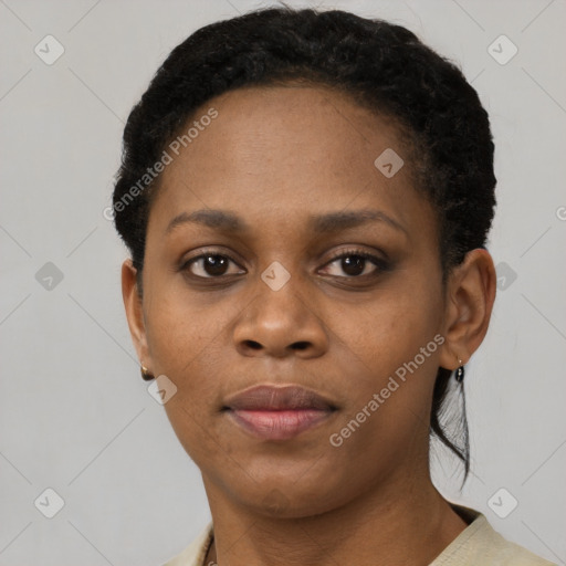 Neutral black young-adult female with short  brown hair and brown eyes