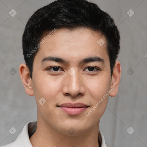 Joyful asian young-adult male with short  brown hair and brown eyes