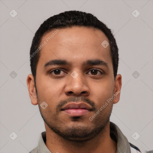 Neutral latino young-adult male with short  black hair and brown eyes