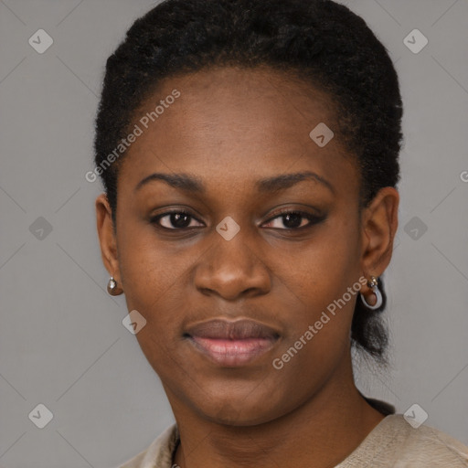 Neutral black young-adult female with short  black hair and brown eyes