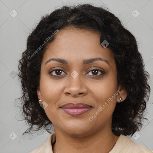 Joyful black young-adult female with medium  brown hair and brown eyes