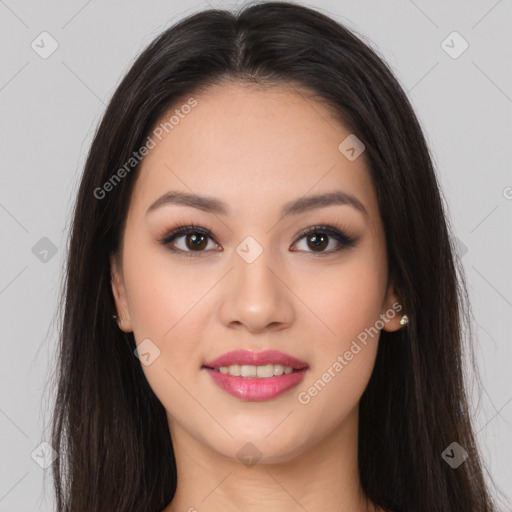 Joyful asian young-adult female with long  brown hair and brown eyes