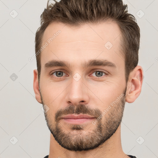 Neutral white young-adult male with short  brown hair and brown eyes