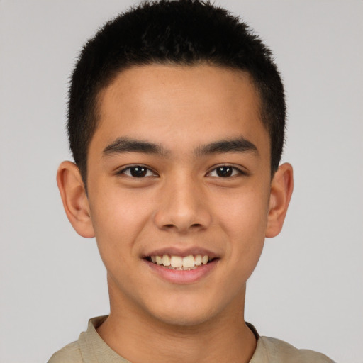 Joyful latino young-adult male with short  brown hair and brown eyes