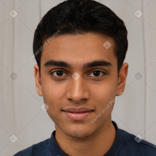 Joyful latino young-adult male with short  black hair and brown eyes