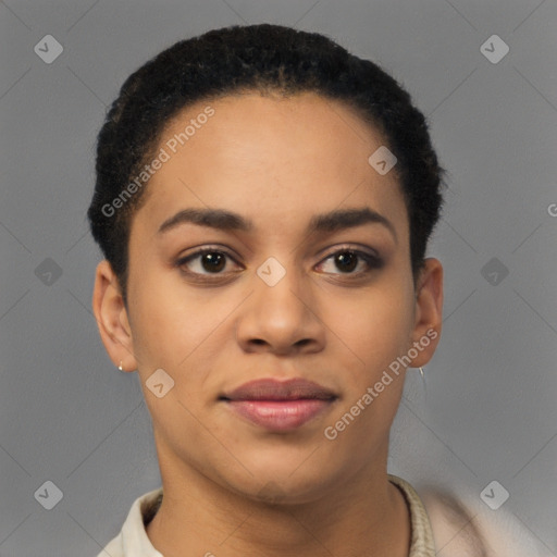 Joyful latino young-adult female with short  brown hair and brown eyes