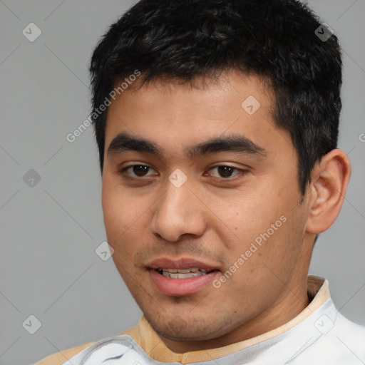 Joyful latino young-adult male with short  black hair and brown eyes