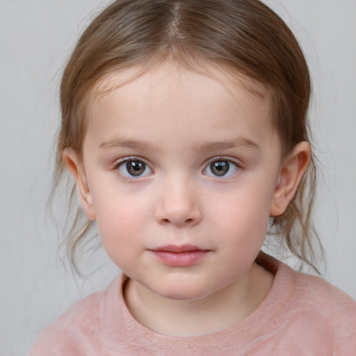 Neutral white child female with medium  brown hair and blue eyes