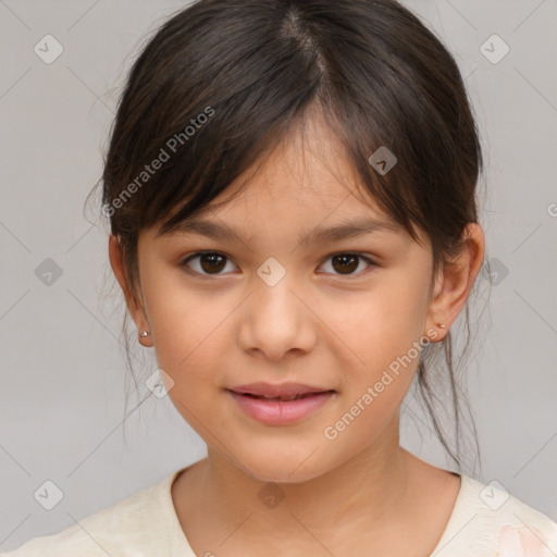 Joyful white child female with medium  brown hair and brown eyes