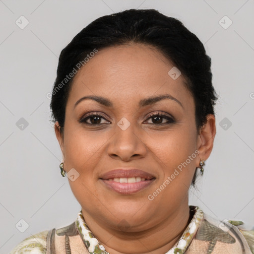 Joyful latino young-adult female with short  brown hair and brown eyes