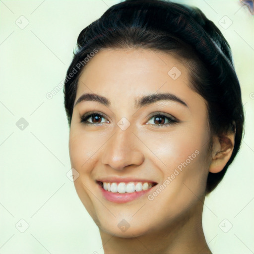 Joyful latino young-adult female with long  black hair and brown eyes