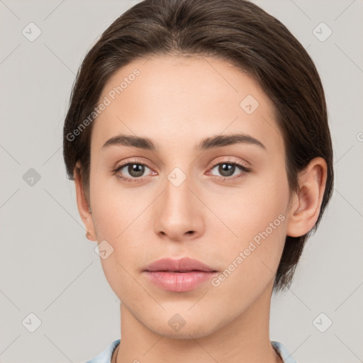 Neutral white young-adult female with short  brown hair and brown eyes