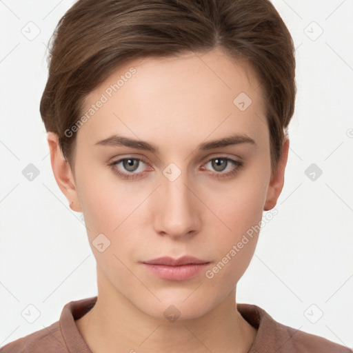 Neutral white young-adult female with short  brown hair and brown eyes