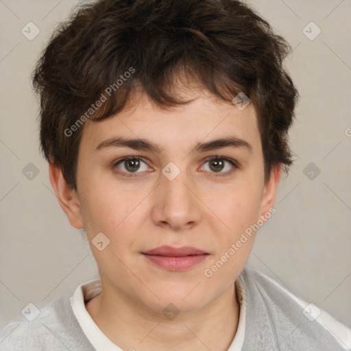 Neutral white young-adult female with short  brown hair and brown eyes