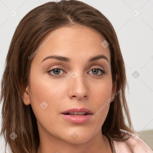 Neutral white young-adult female with long  brown hair and brown eyes