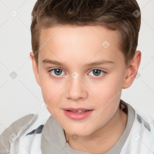 Joyful white child female with short  brown hair and brown eyes