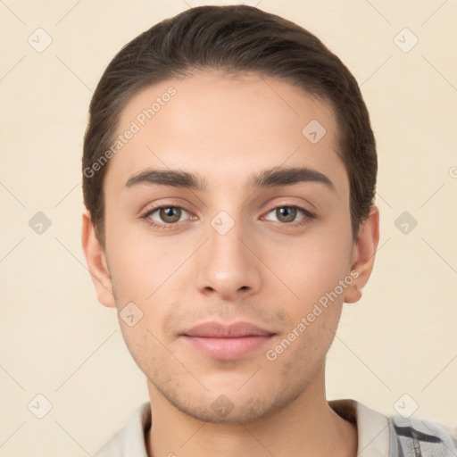 Neutral white young-adult male with short  brown hair and brown eyes