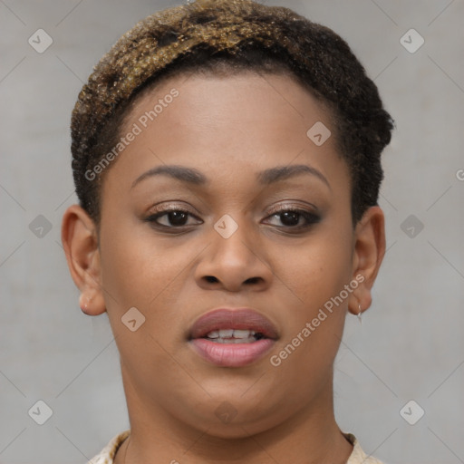 Joyful black young-adult female with short  brown hair and brown eyes