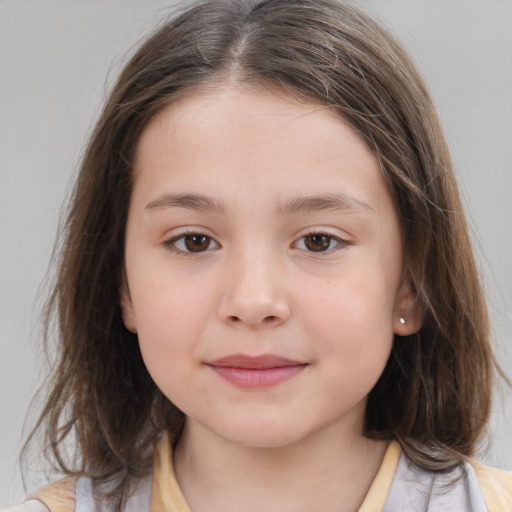 Joyful white child female with medium  brown hair and brown eyes