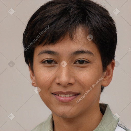 Joyful asian young-adult female with short  brown hair and brown eyes