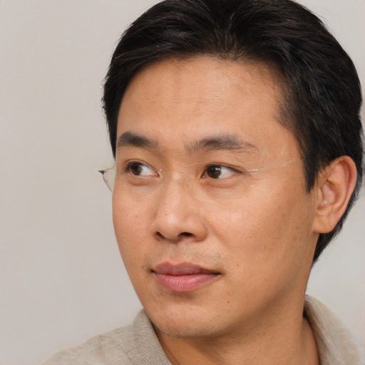 Neutral asian young-adult male with short  brown hair and brown eyes
