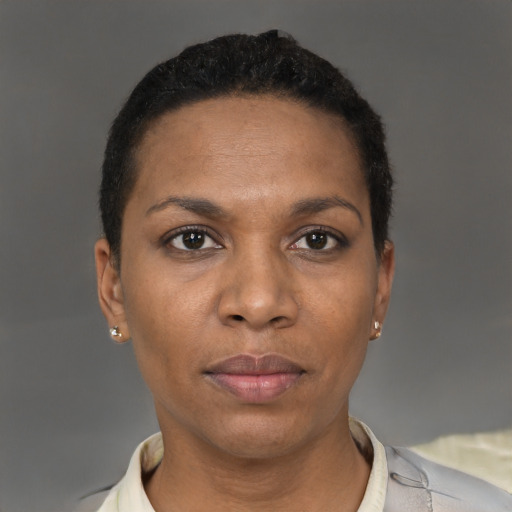 Joyful black adult female with short  black hair and brown eyes