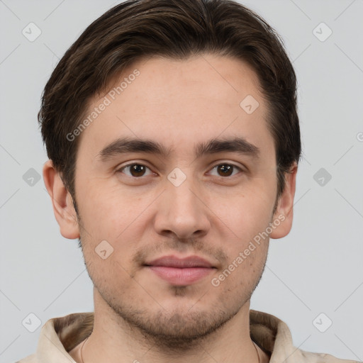 Joyful white young-adult male with short  brown hair and brown eyes