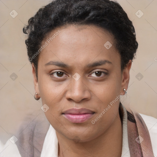 Joyful latino young-adult female with short  black hair and brown eyes