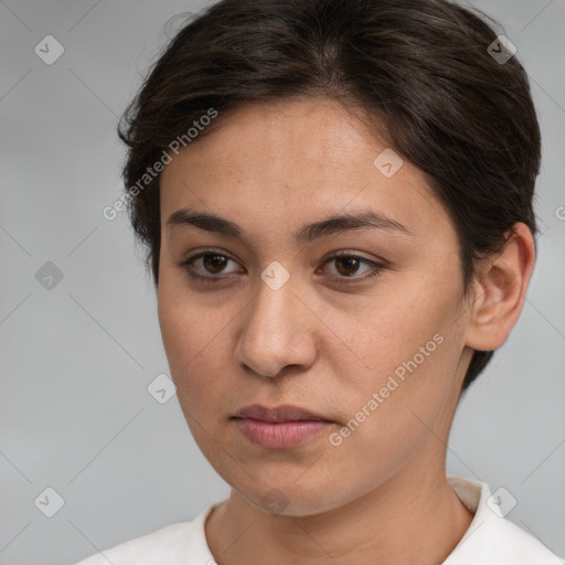 Neutral white young-adult female with short  brown hair and brown eyes