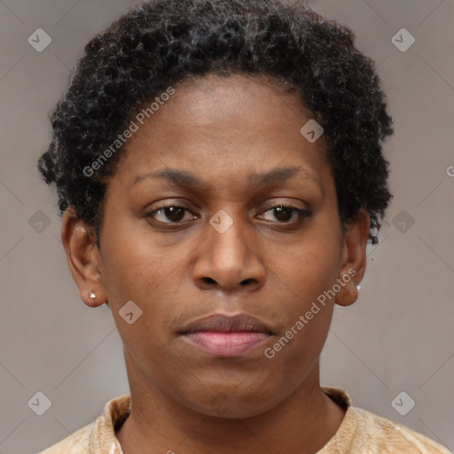 Neutral black young-adult female with short  brown hair and brown eyes