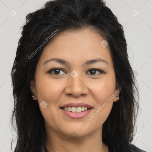 Joyful latino young-adult female with long  brown hair and brown eyes