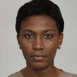 Neutral black young-adult female with short  black hair and brown eyes