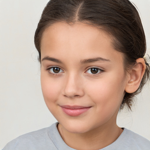 Joyful white child female with medium  brown hair and brown eyes